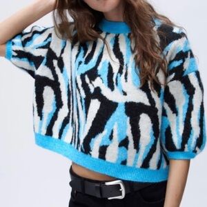 Zara Women's Zebra Pattern Sweater in Blue and Black